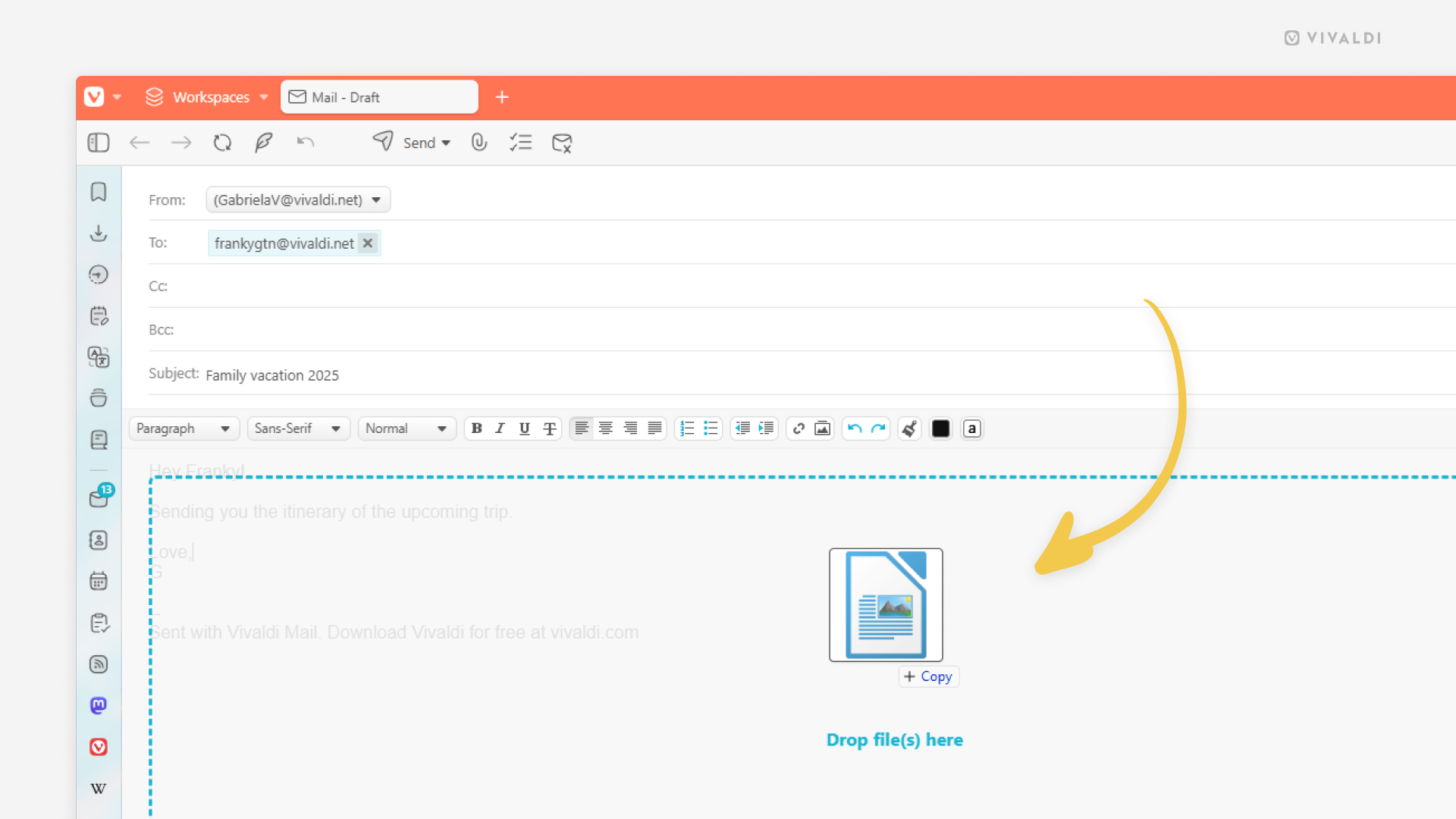 Vivaldi Mail's composer window. A file is being dragged over the content section to attach it to the email.