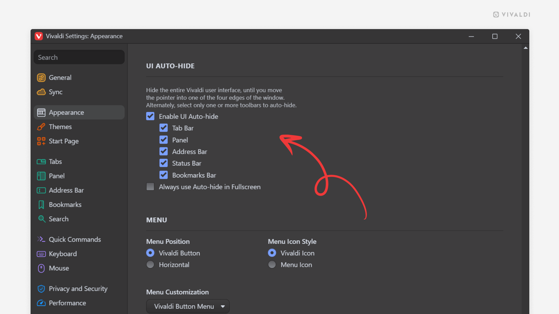 Appearance settings in Vivaldi. An arrow points at Auto-hide options.