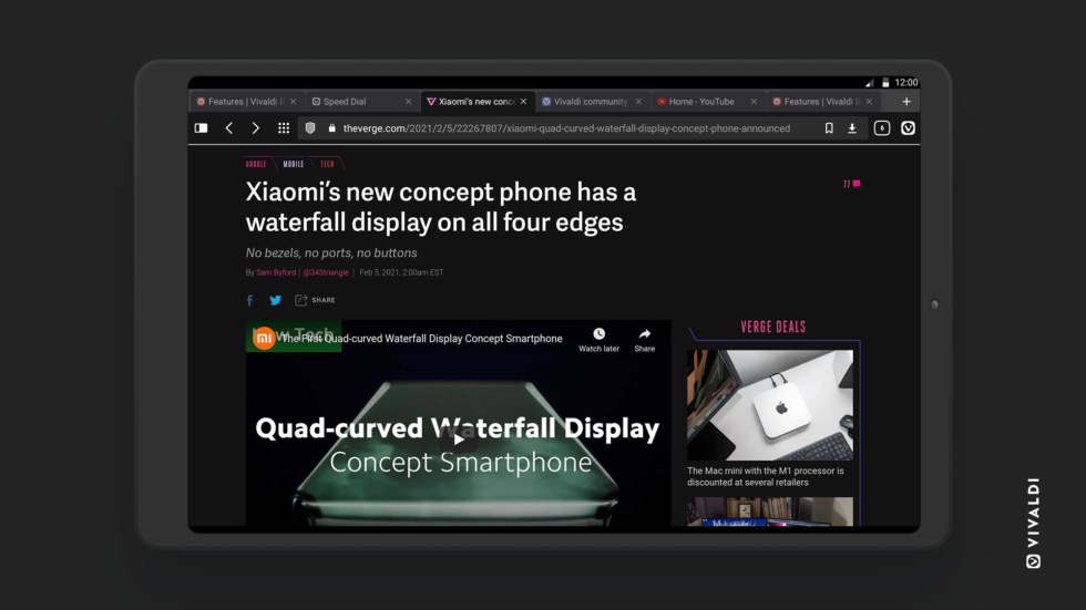 Best Android tablet browser Vivaldi with dark theme.