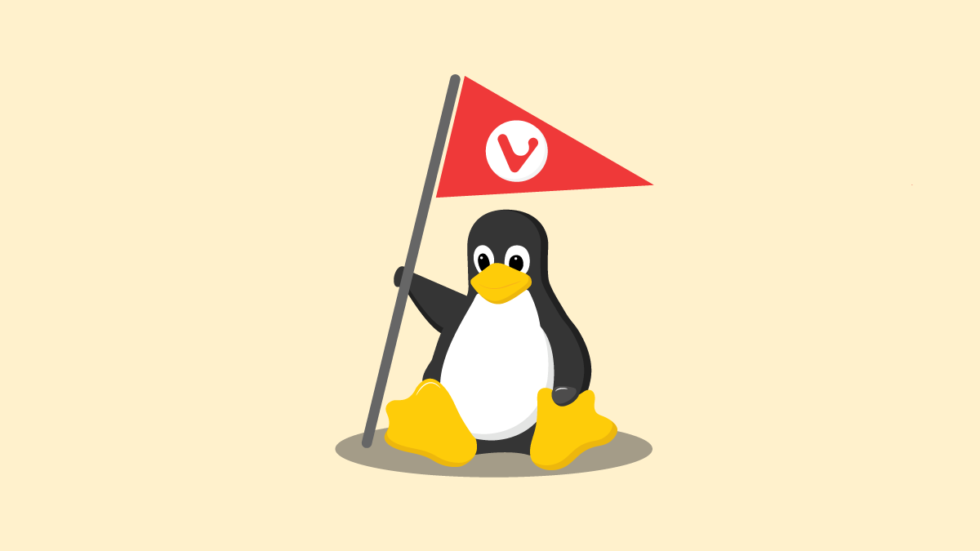 Linux penguin flies the Vivaldi "best browser" flag.