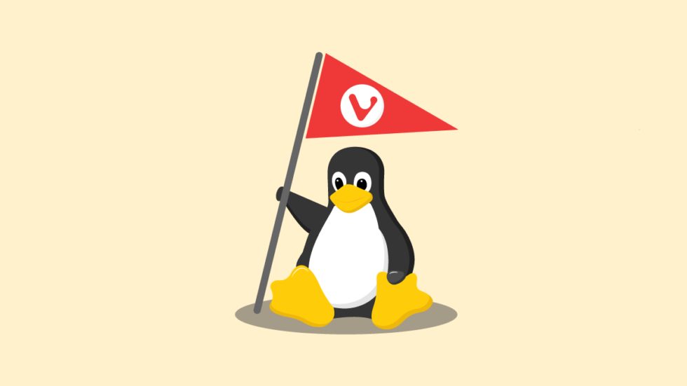 Il pinguino Linux sventola la bandiera del "miglior browser" Vivaldi."best browser" flag.