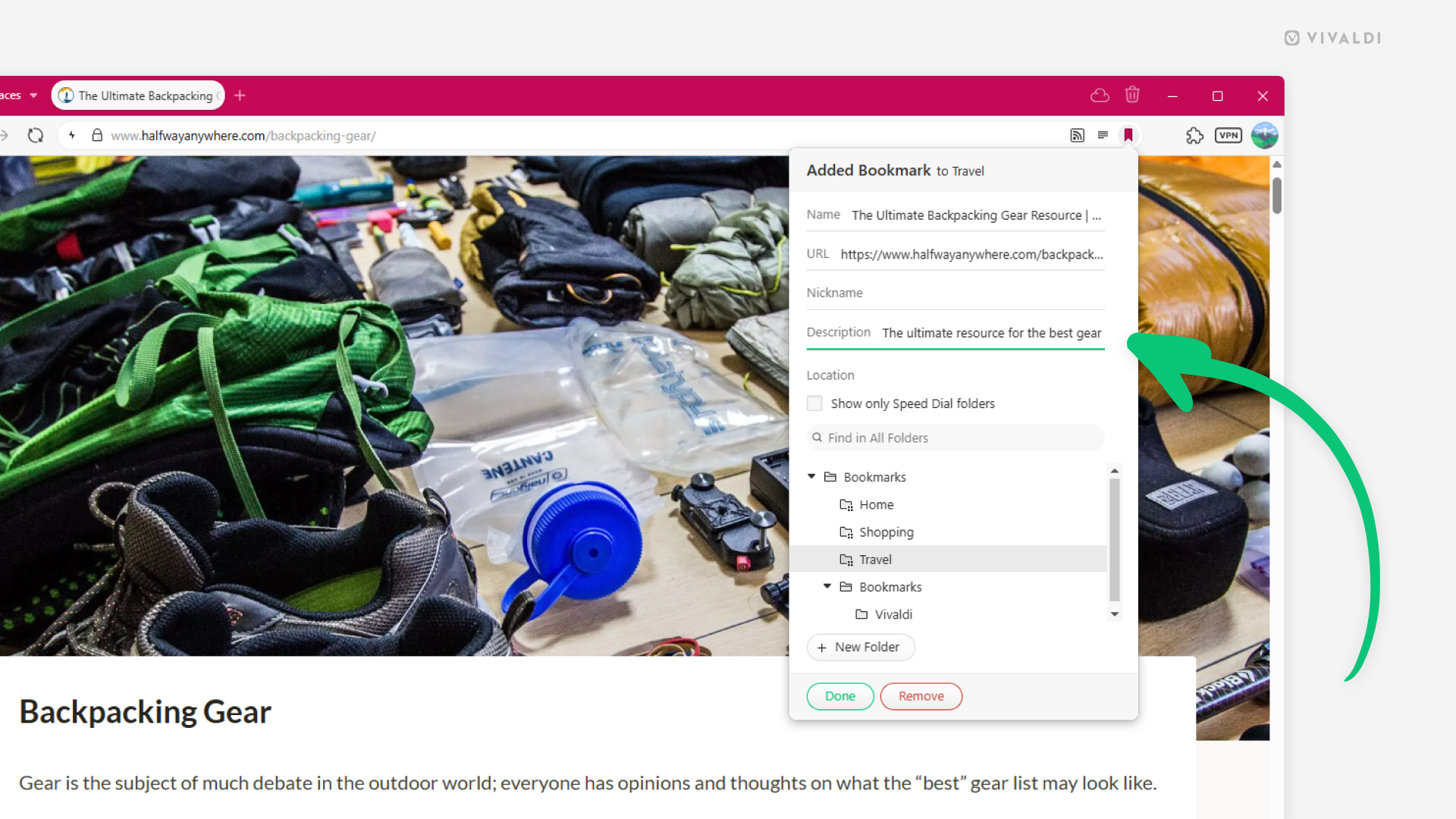 Address Bar's "Bookmark Page" dialog open in Vivaldi. An arrow points at the bookmark's auto-filled description field.