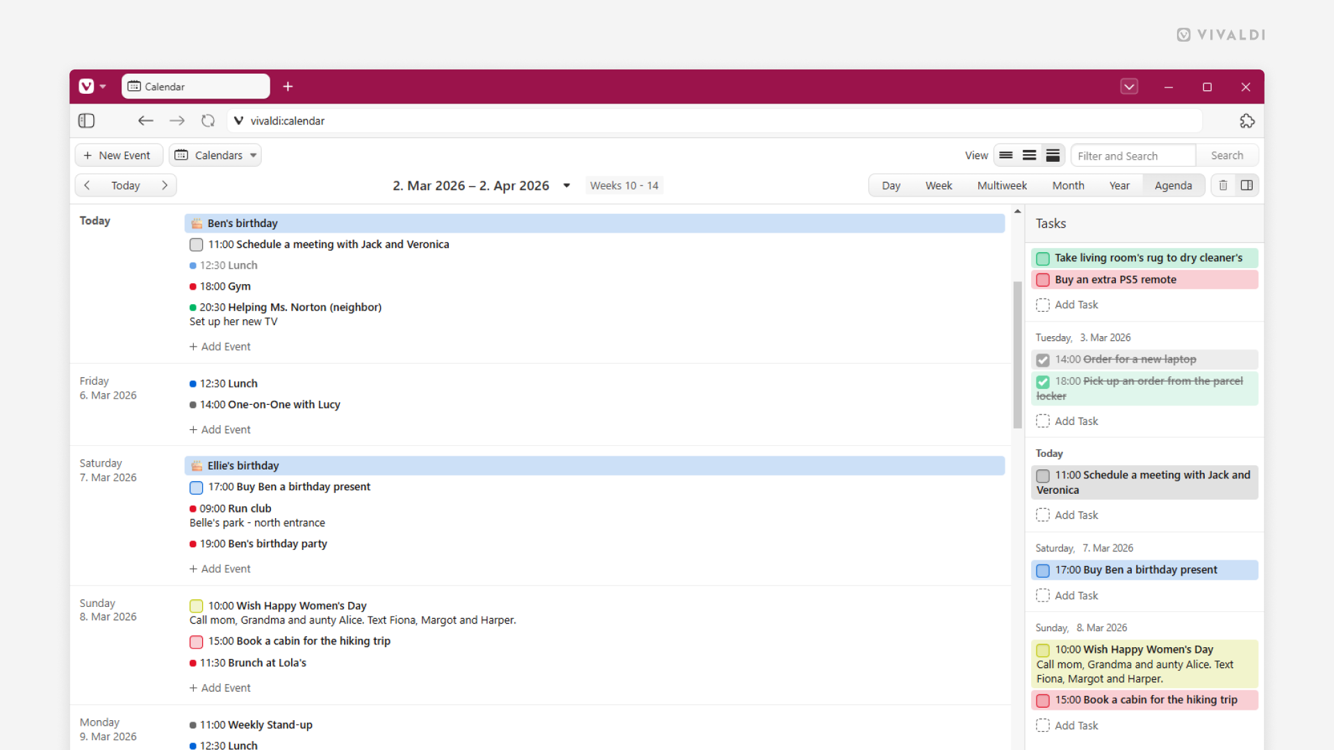 Agenda view in Vivaldi Calendar.