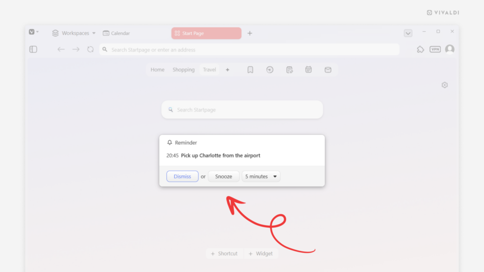 Vivaldi browser window with a reminder dialog from the Vivaldi Calendar. An arrow points at the Snooze button.