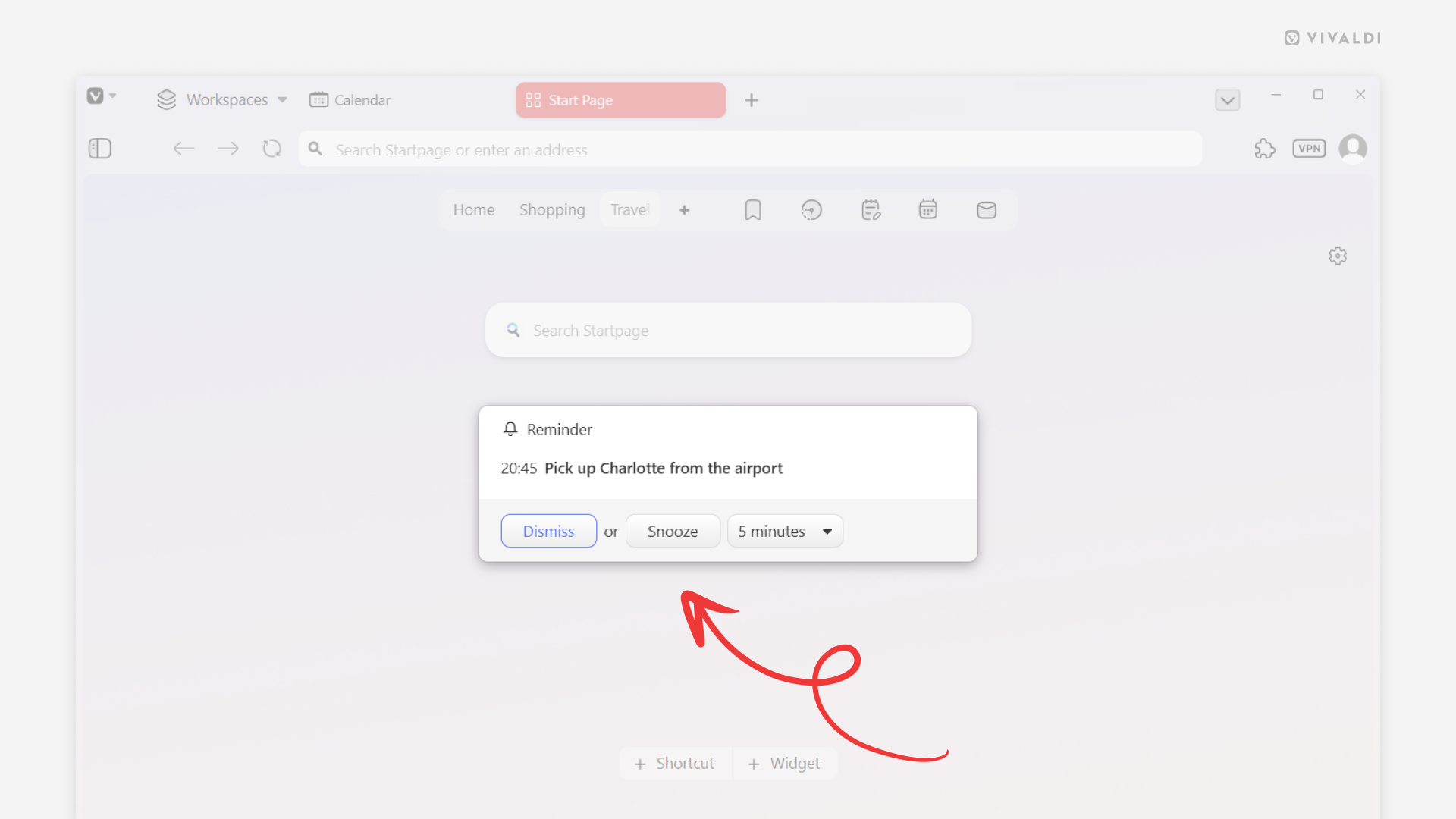 Vivaldi browser window with a reminder dialog from the Vivaldi Calendar. An arrow points at the Snooze button.