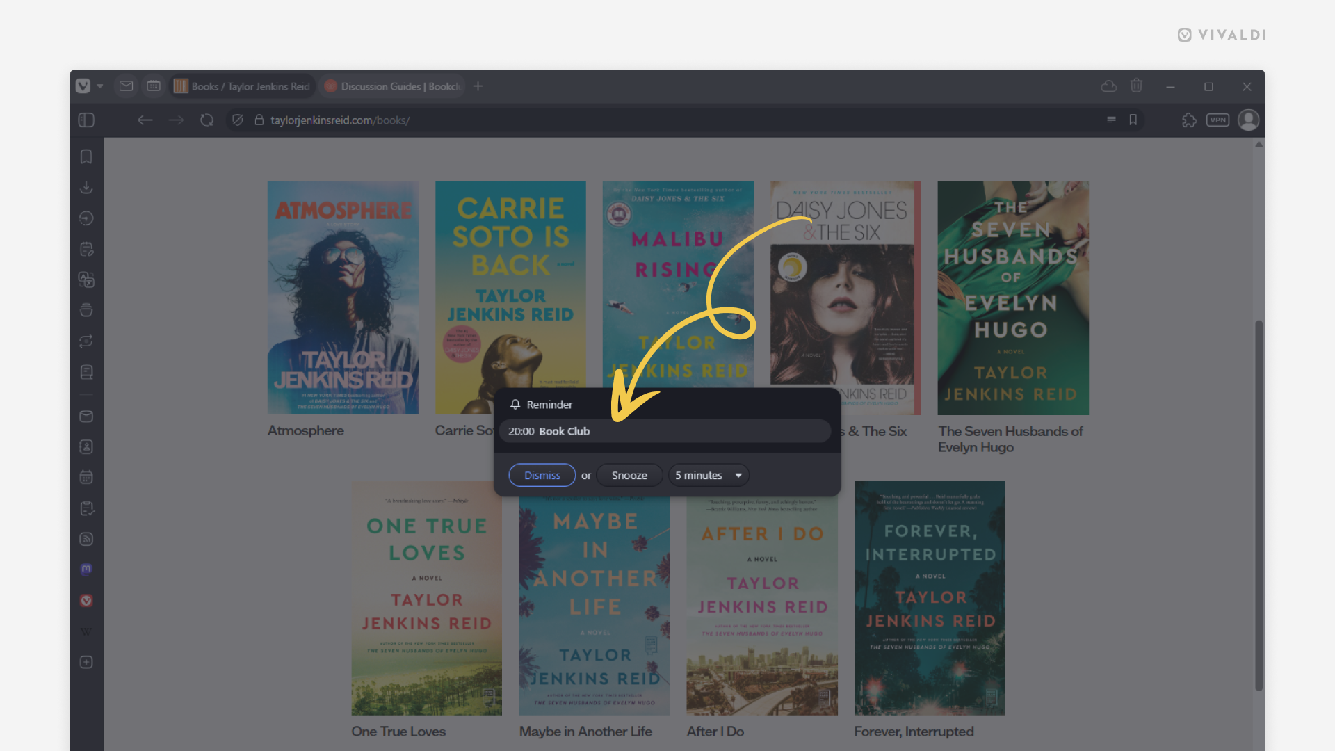 Calendar's reminder notification in the Vivaldi browser. An arrow points at the event title in the notification.