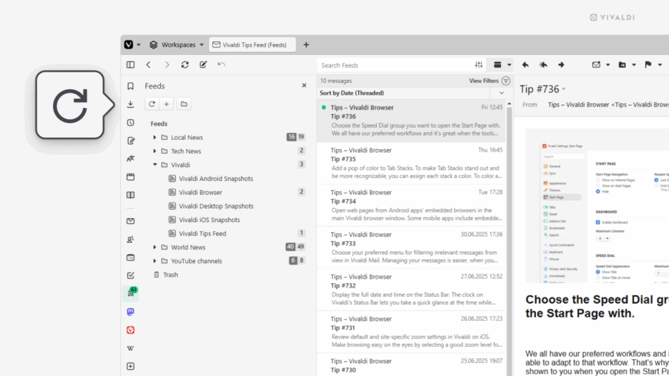 To right corner of the Vivaldi browser window, showing the Feeds Panel. A magnified icon, shows the "Check all feeds" button.