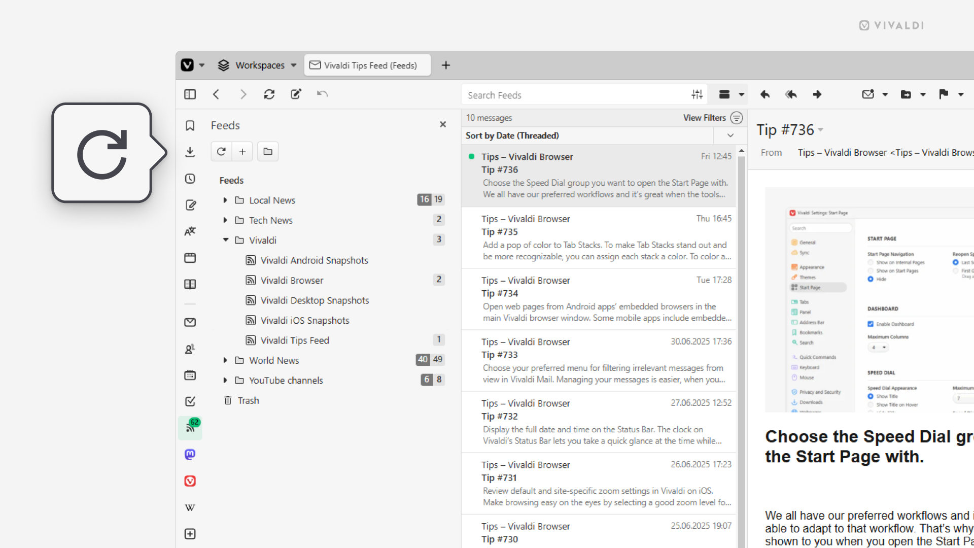 To right corner of the Vivaldi browser window, showing the Feeds Panel.
A magnified icon, shows the "Check all feeds" button.