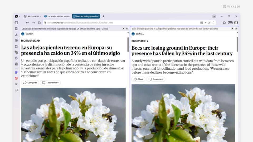 Two tabs from the same web page in a tiled view. The one on the right has been translated.