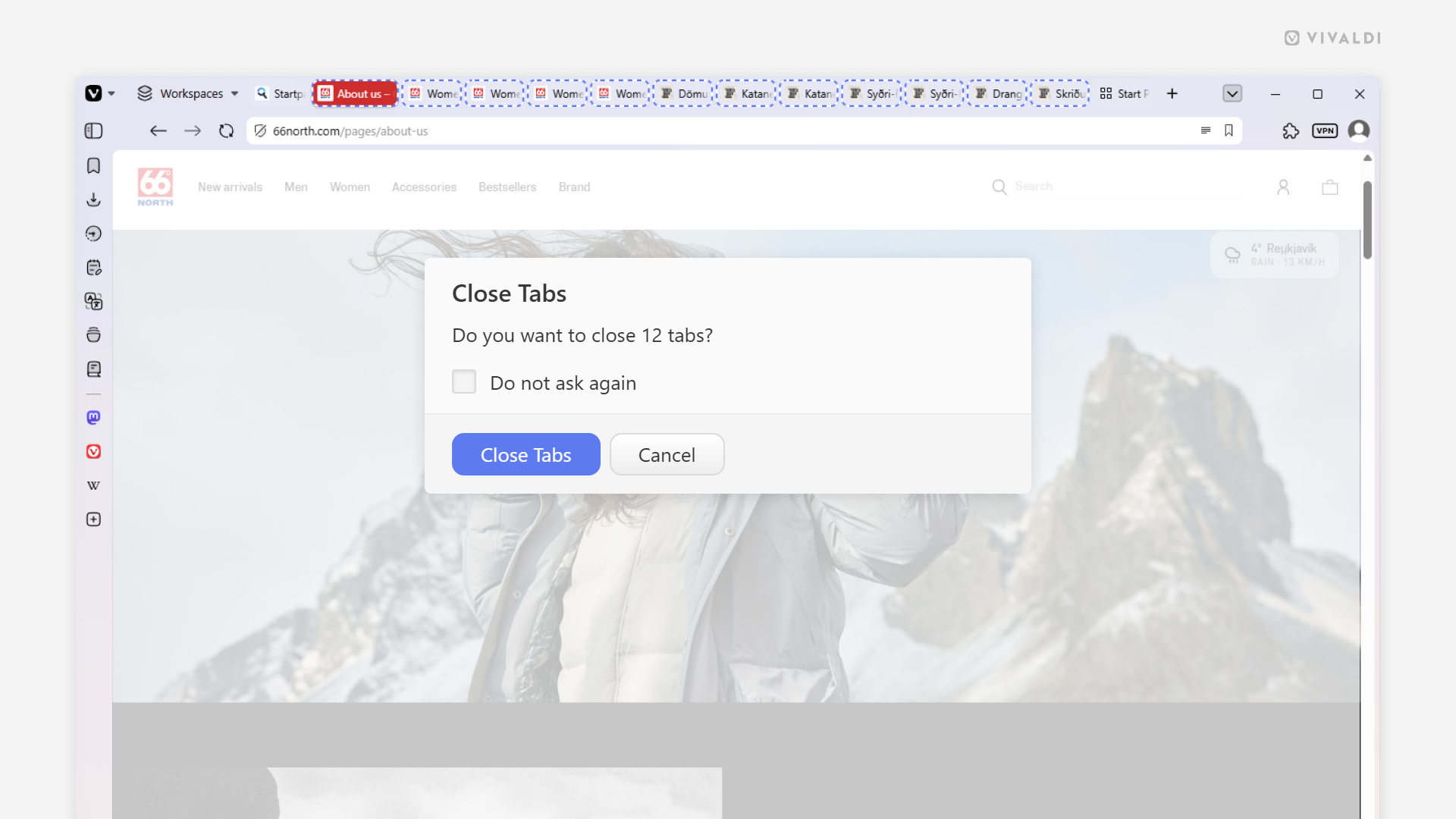 Vivaldi browser window with the close tba confirmation dialog open in the foreground.