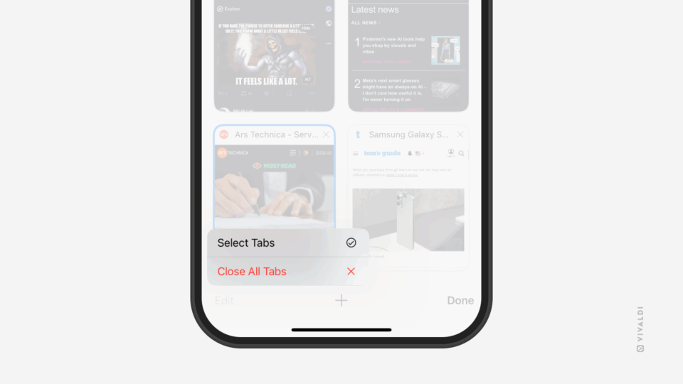 Tab Switcher in Vivaldi on iOS. Edit menu with "Select tabs" and "Close all tabs" options is open in the foreground.