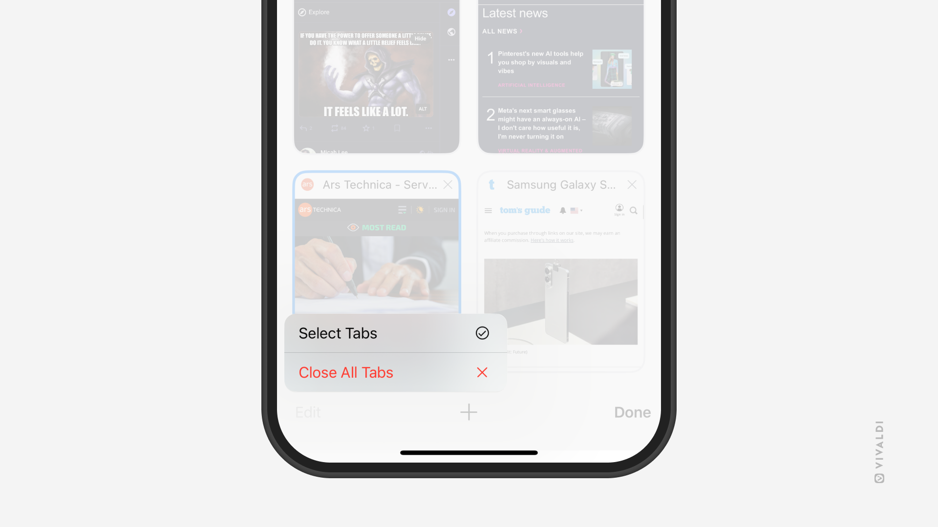 Tab Switcher in Vivaldi on iOS. Edit menu with "Select tabs" and "Close all tabs" options is open in the foreground.