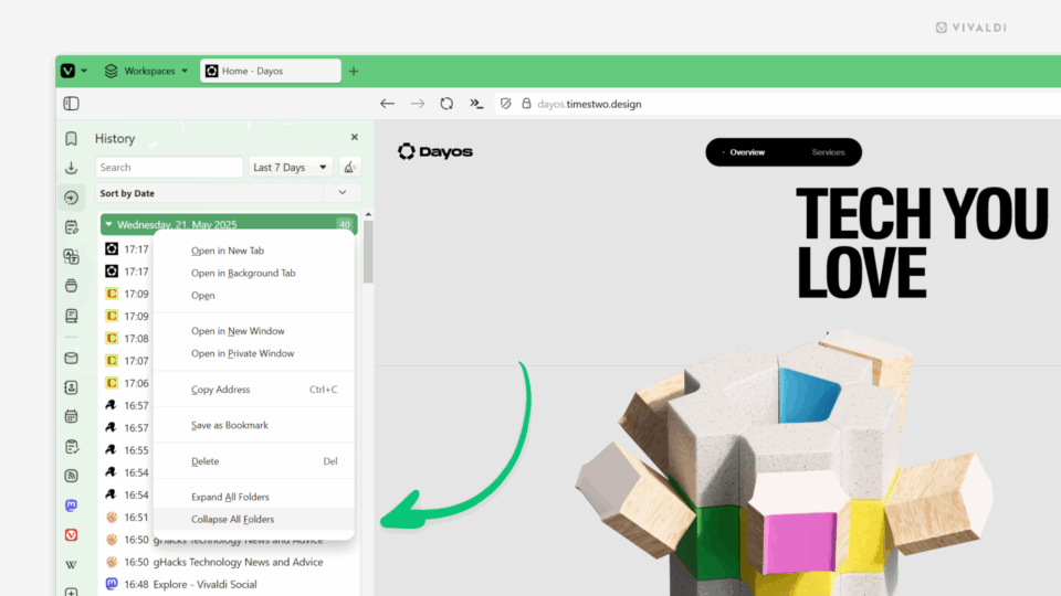 History Panel in Vivaldi browser. Context menu is open and an arrow is pointing at the "Collapse all Folders" option.