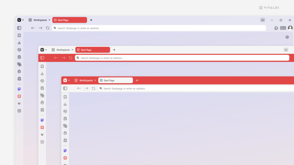 Three Vivaldi browser windows showing how the different coloring mode options look like.