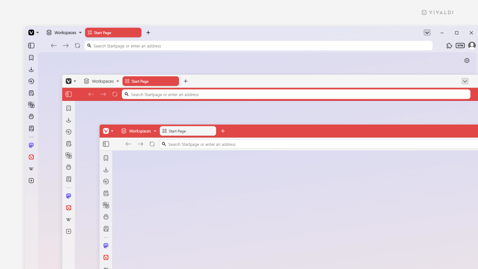 Three Vivaldi browser windows showing how the different coloring mode options look like.