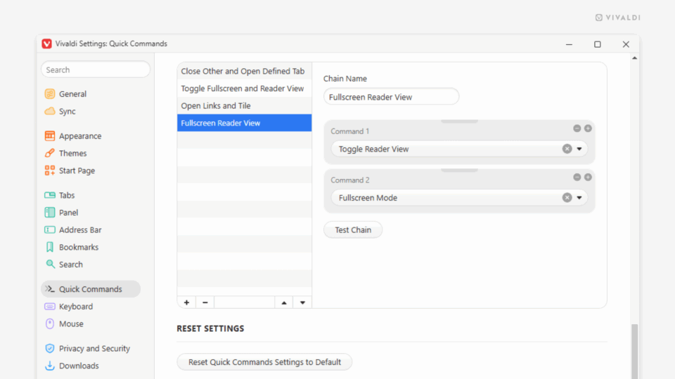 Command Chain settings in Vivaldi.