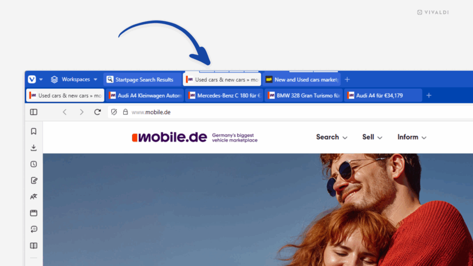 Vivaldi Browser window with Compact Tab Stack style enabled with the Two-Level Tab Bar. An arrow points at one of the stacks.