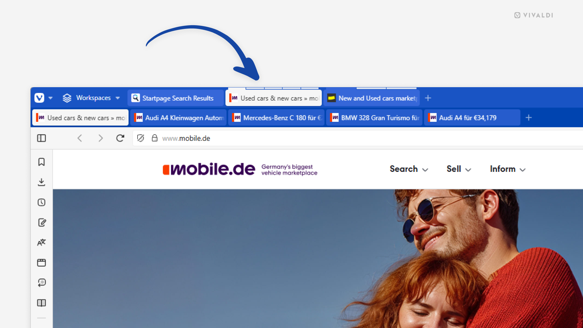 Vivaldi Browser window with Compact Tab Stack style enabled with the Two-Level Tab Bar. An arrow points at one of the stacks.