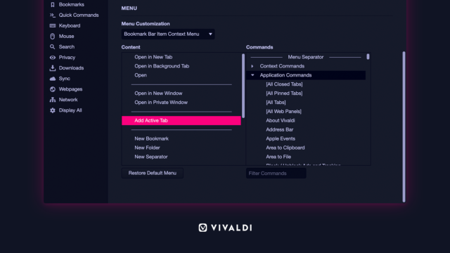 Configurable context menu Vivaldi browser.