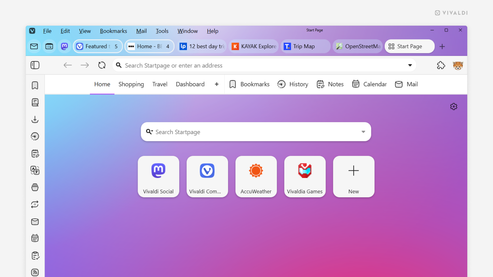 Vivaldi Browser window with a Tab Bar where the main menu and window control buttons have been moved, and Workspaces menu, Synced Tabs and Closed Tabs buttons have been hidden.