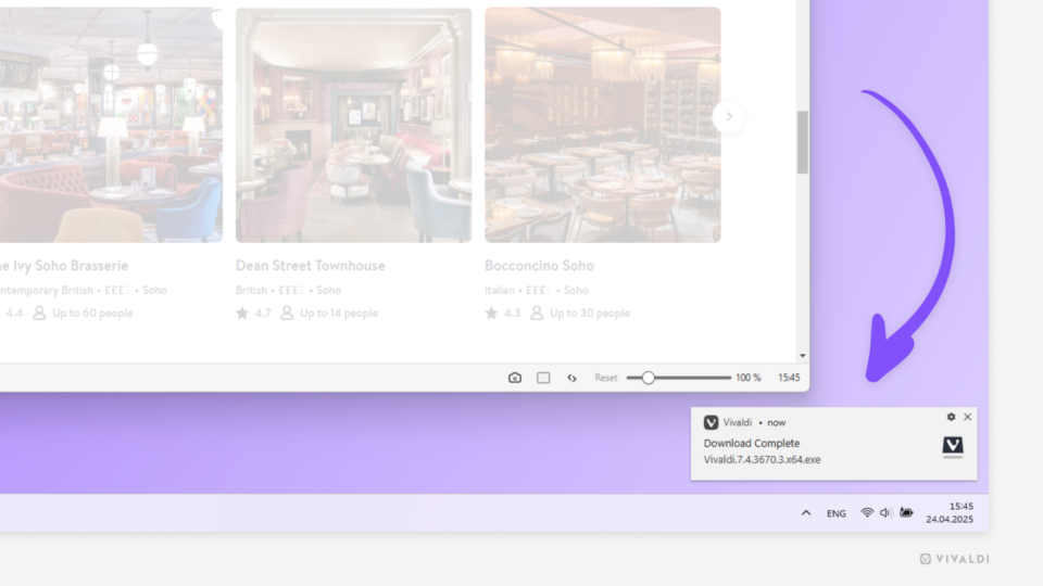 Corner of a Vivaldi browser window on Windows. Near the corner of the browser window there's a notification announcing a completed download. An arrow is pointing at the notification.