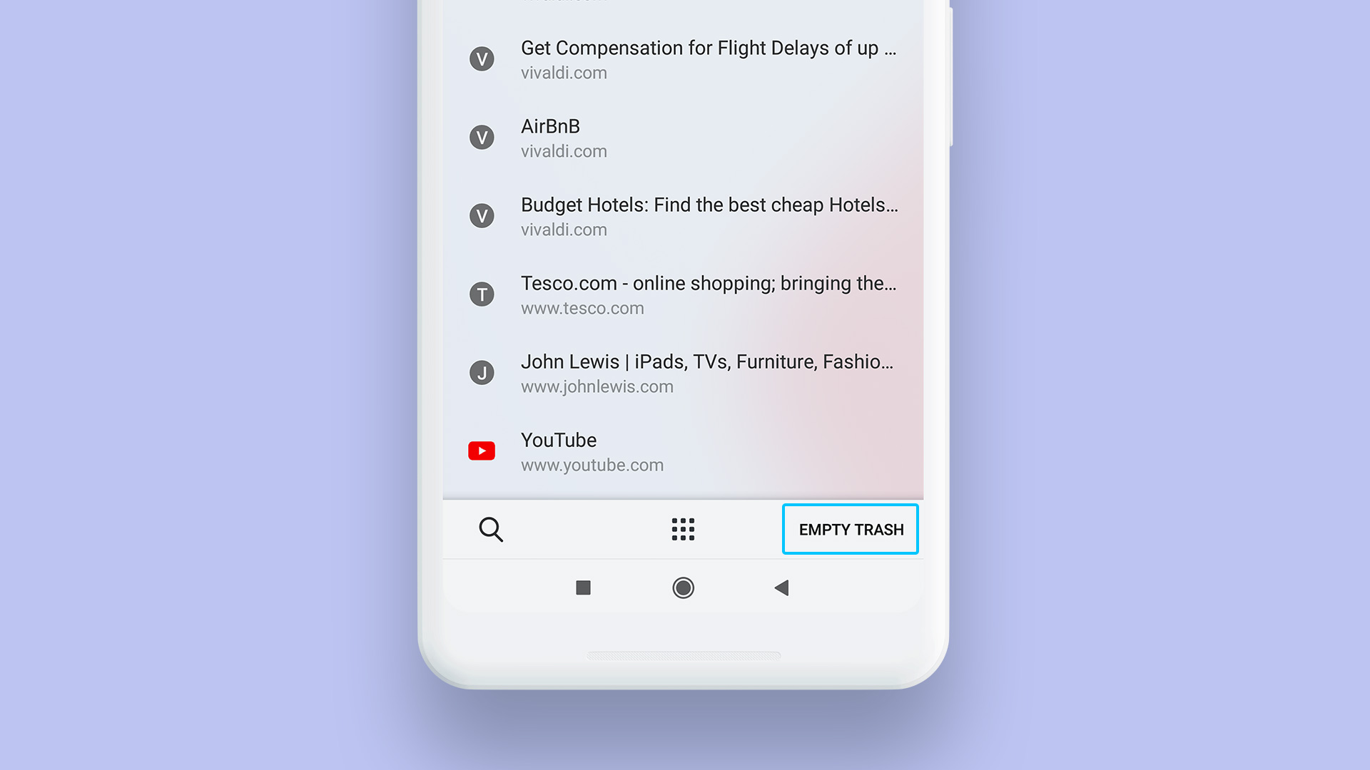 Highlight of the Empty Trash button in Vivaldi for Android interface