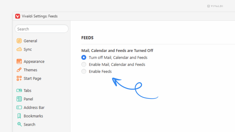 Vivaldi Feeds settings. An arrow points at the "Enable Feeds" option,