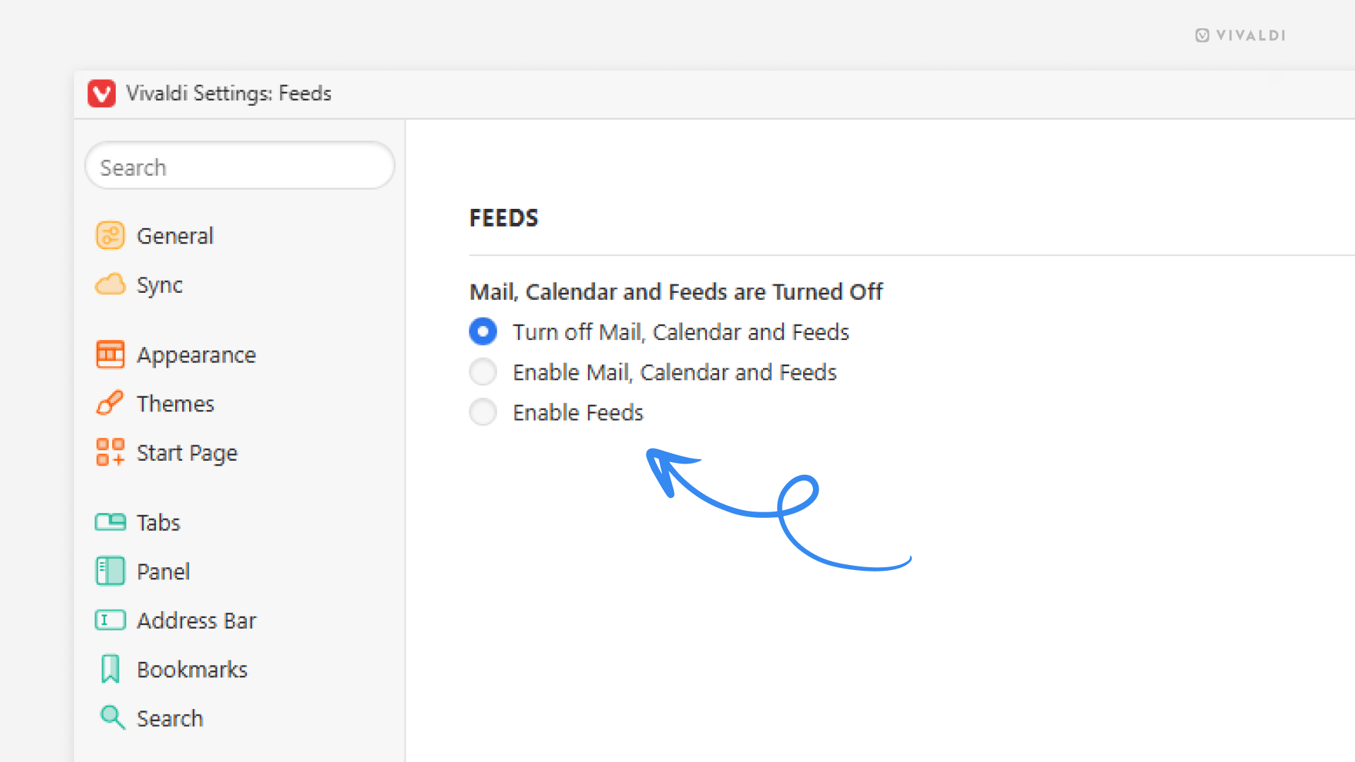 Vivaldi Feeds settings. An arrow points at the "Enable Feeds" option,