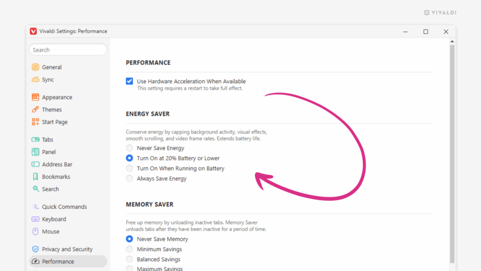 Performance settings in Vivaldi. An arrow points at the Energy Saver setting.