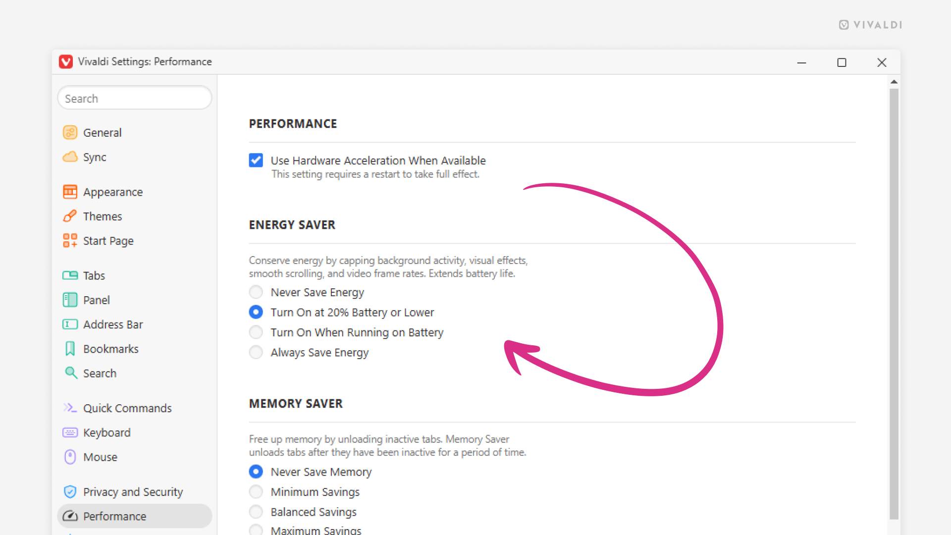 Performance settings in Vivaldi. An arrow points at the Energy Saver setting.