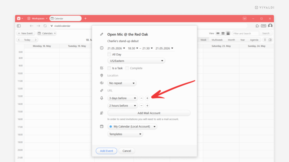 Vivaldi Calendar's event editor. An arrow points at the button for adding an additional alarm.