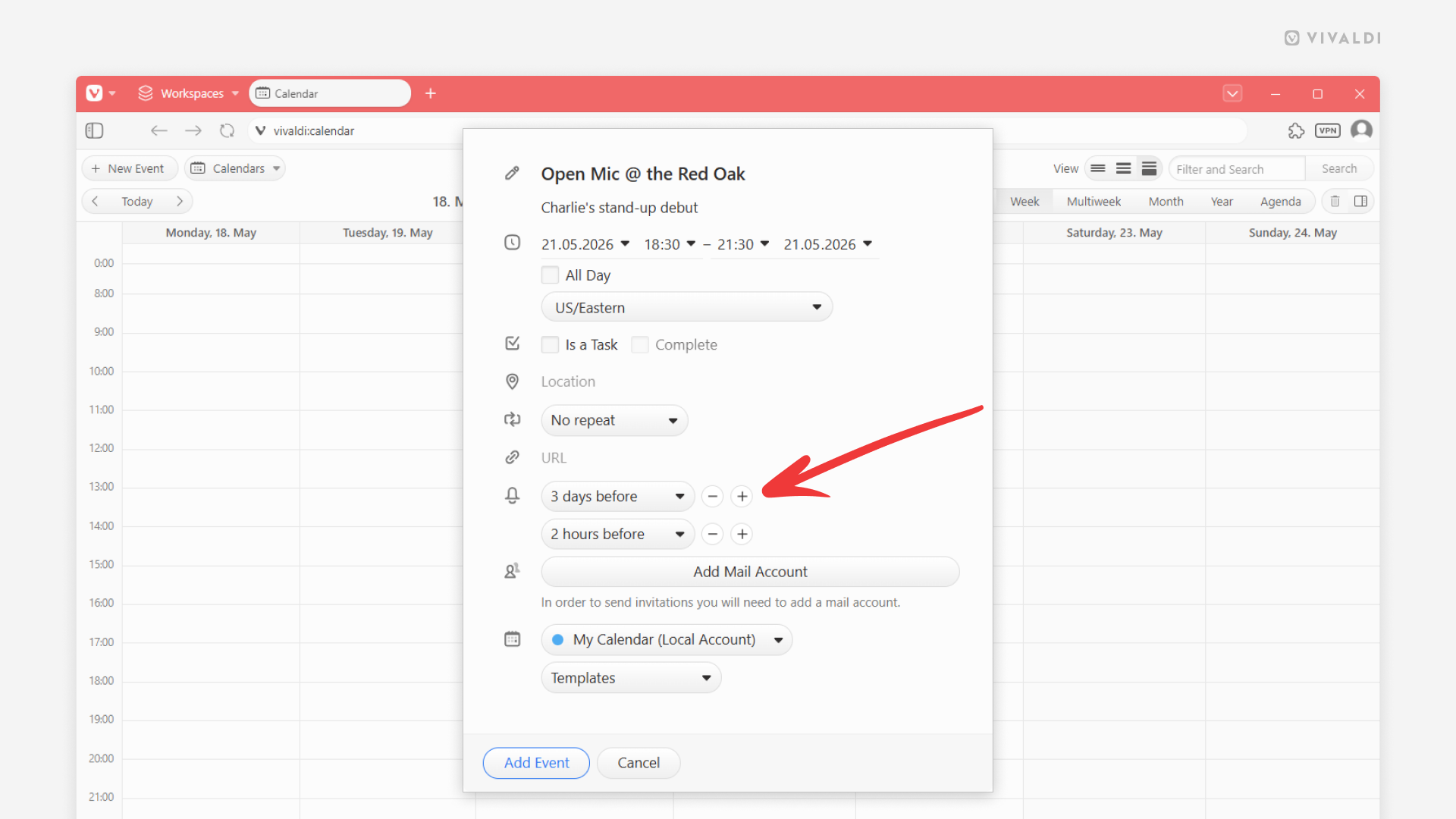 Vivaldi Calendar's event editor. An arrow points at the button for adding an additional alarm.