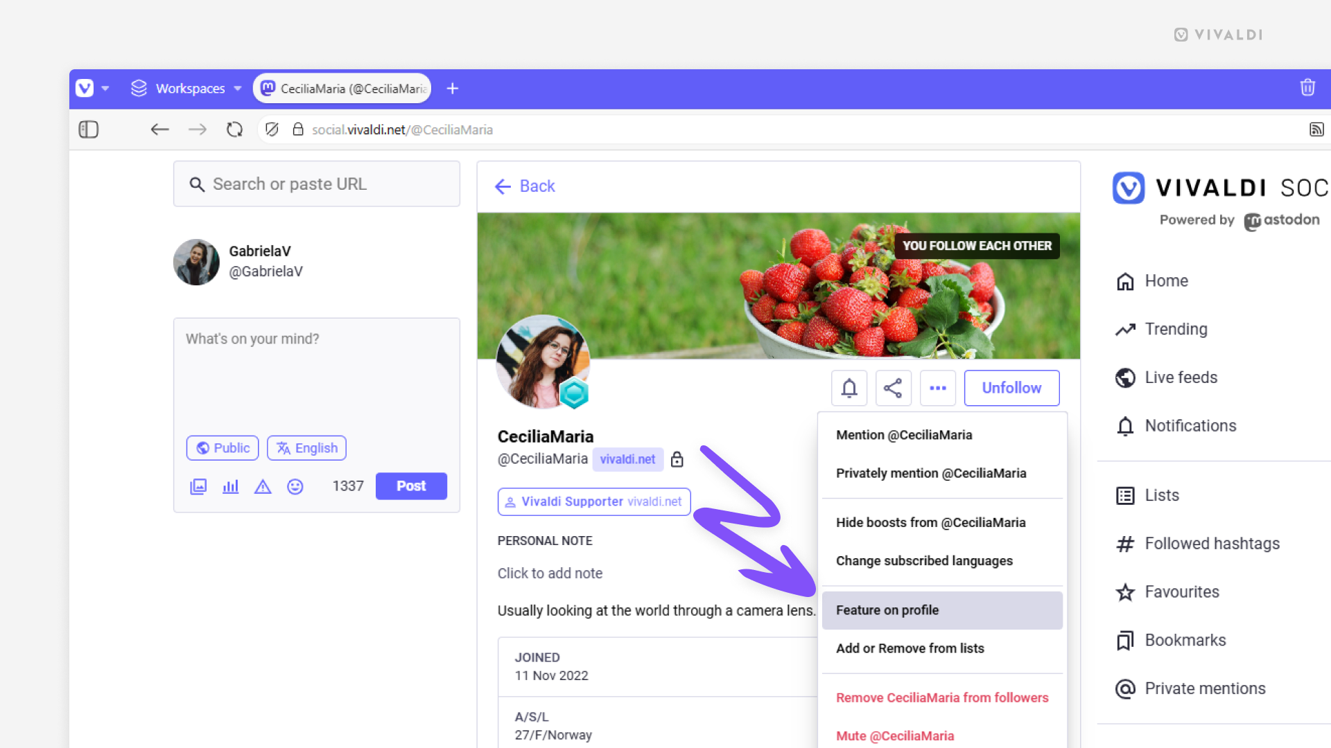 An account's profile on Vivaldi Social, The profile's menu is open and an arrow points at the "Feature on profile" option.