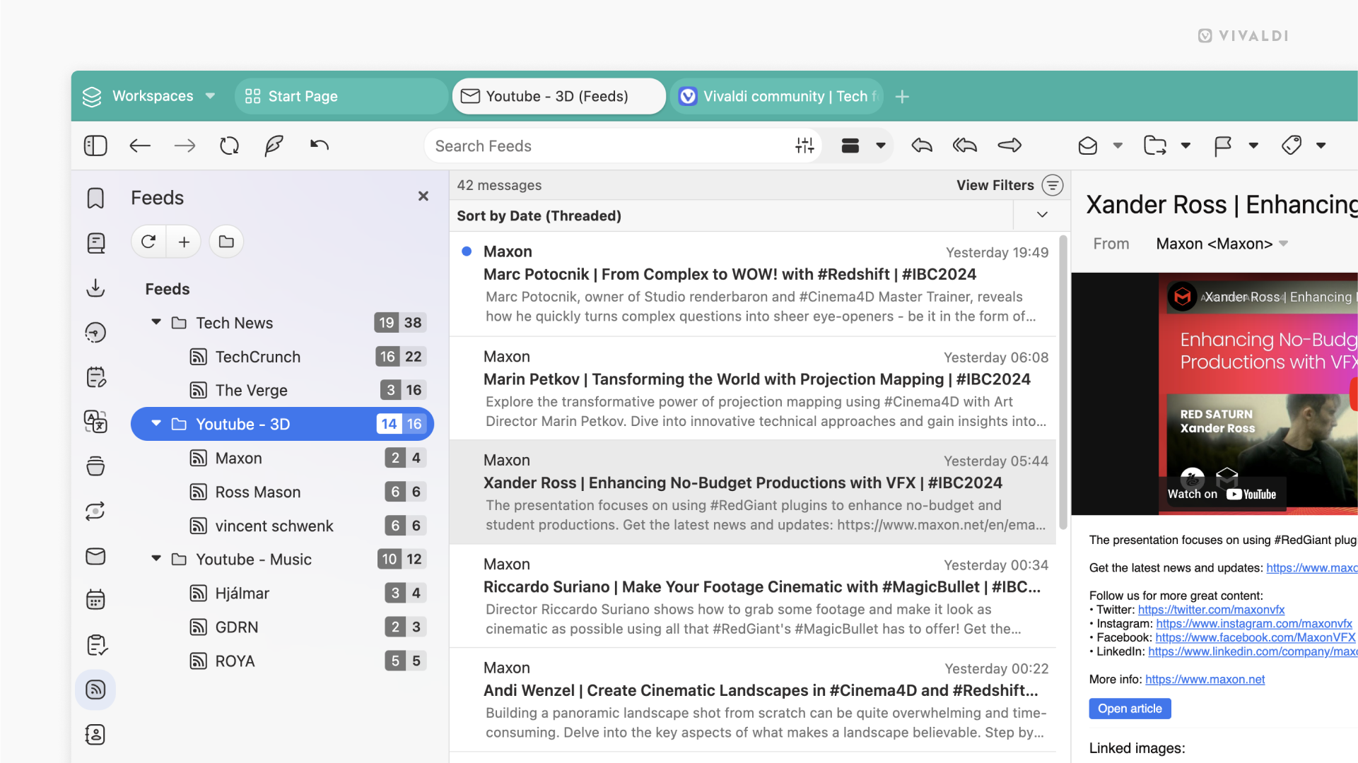 Integrated RSS/Atom feed reader with folders, message previews, and article content.