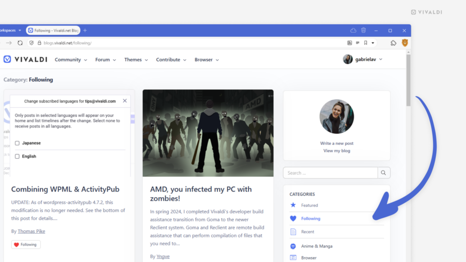 Vivaldi Community Blogs open on the followed blogs page, with an arrow pointing at the "Following" link in the menu.