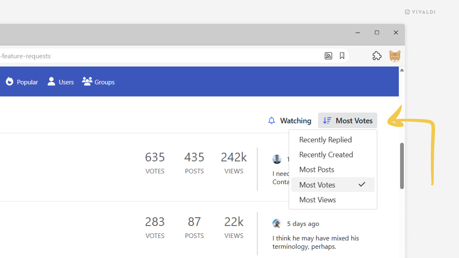 Vivaldi Forum open on a page with a list of topics. An arrow points at the topic sorting menu.