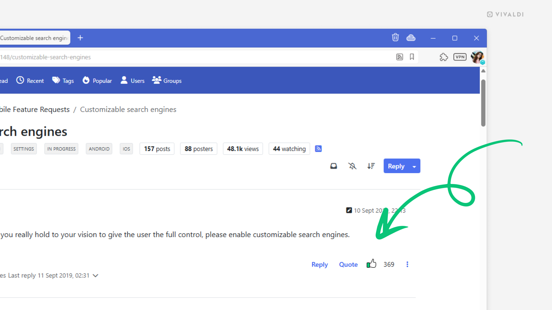 Feature request topic open on the Vivaldi Forum. An arrow points at the upvote button.