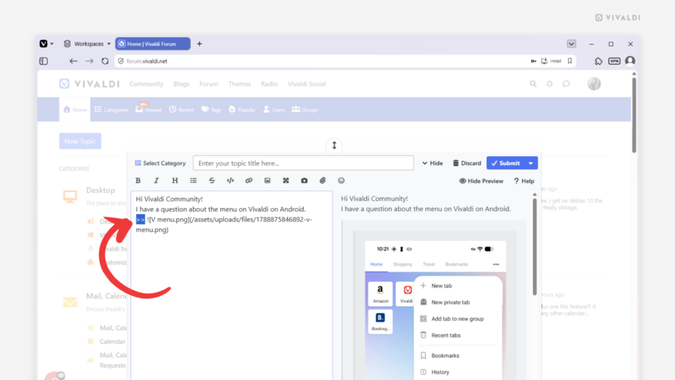 Post editor open on the Vivaldi Forum. An arrow points at the >> symbols in the post.