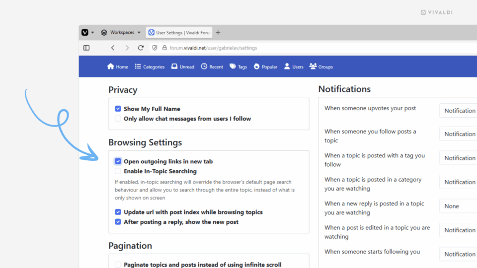 Vivaldi Forum's settings page. An arrow points at the