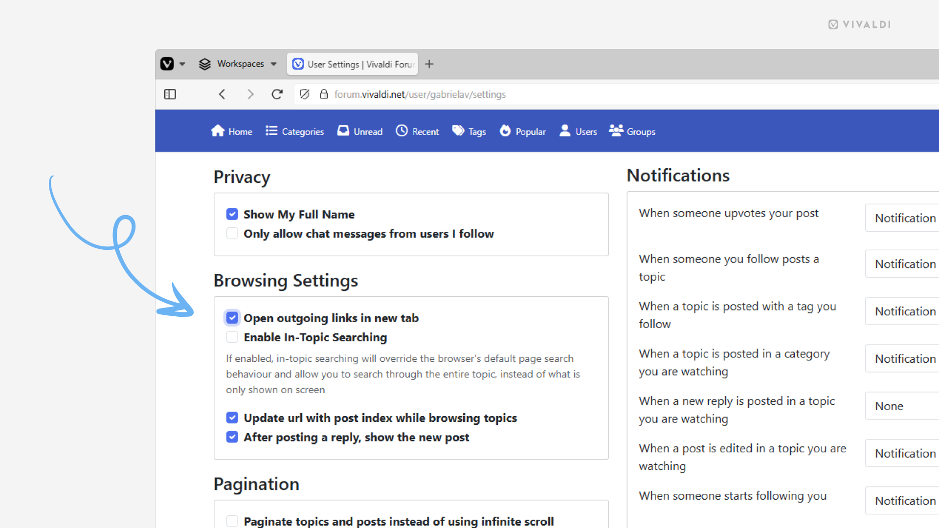 Vivaldi Forum's settings page. An arrow points at the "Open outgoing links in new tab" setting.