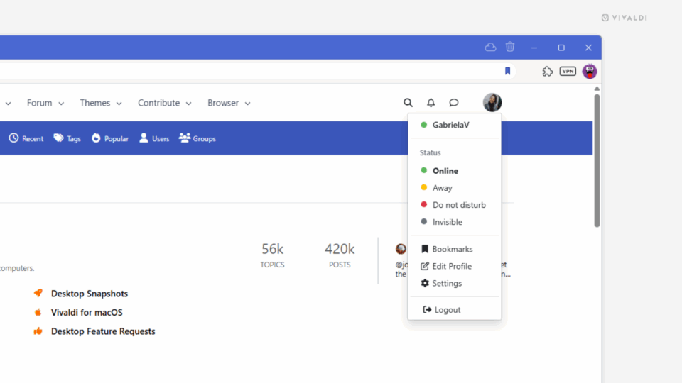Vivaldi Forum open in the Vivaldi browser. User's menu is open showing the status options.