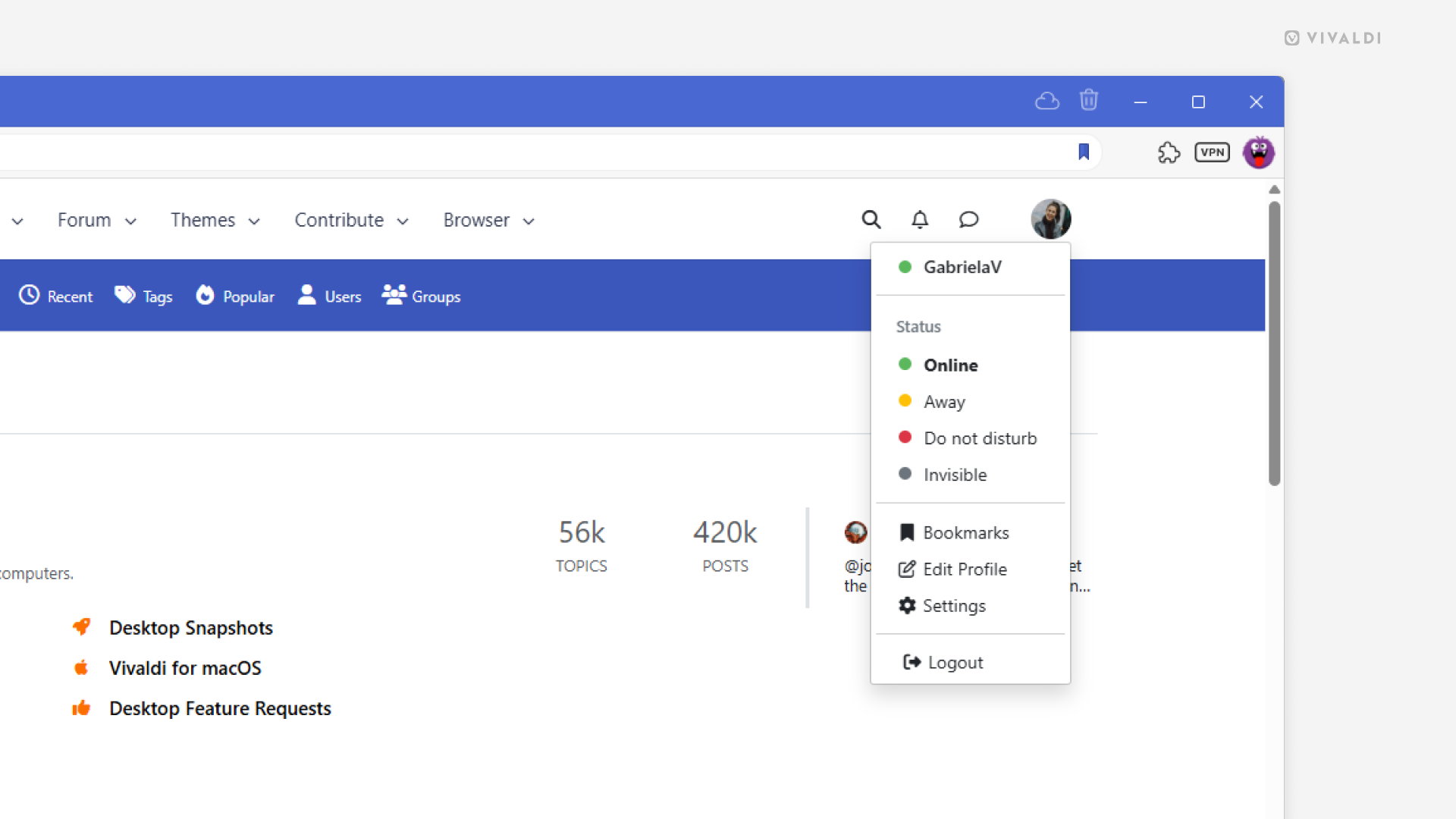 Vivaldi Forum open in the Vivaldi browser. User's menu is open showing the status options.