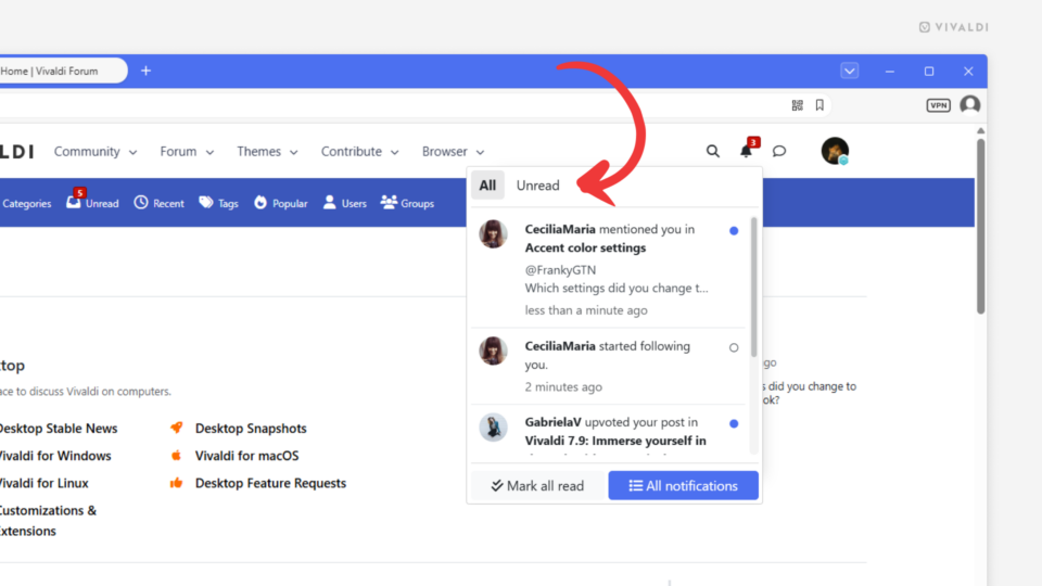 Vivaldi Forum's notifications menu is open and an arrow points at the "Unread" button.