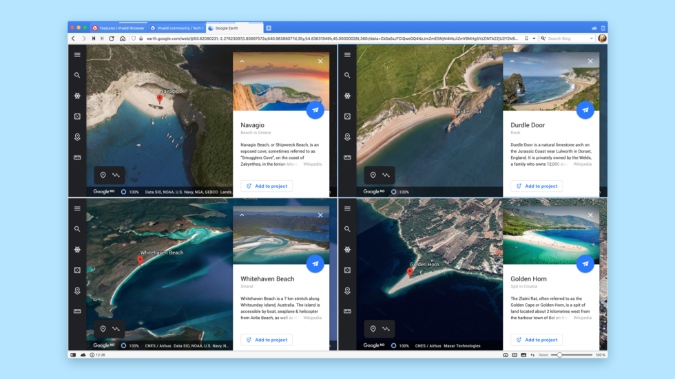 Google Earth shows how to use split screen with locations of iconic beaches.