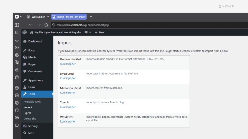 Import section on the blog's Dashboard.
