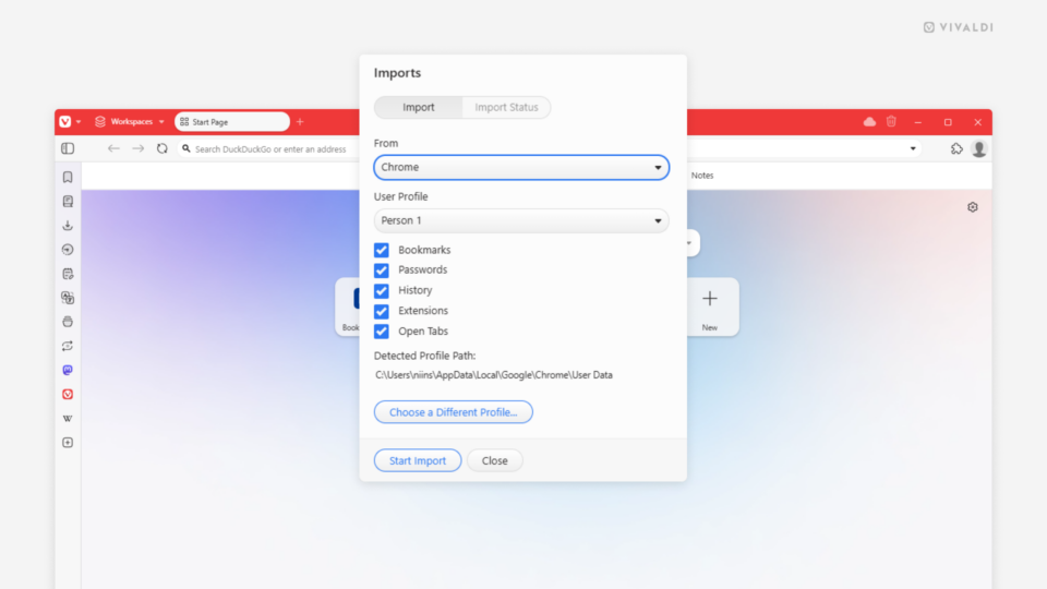 Vivaldi browser window. Data import dialog is open in the foreground.