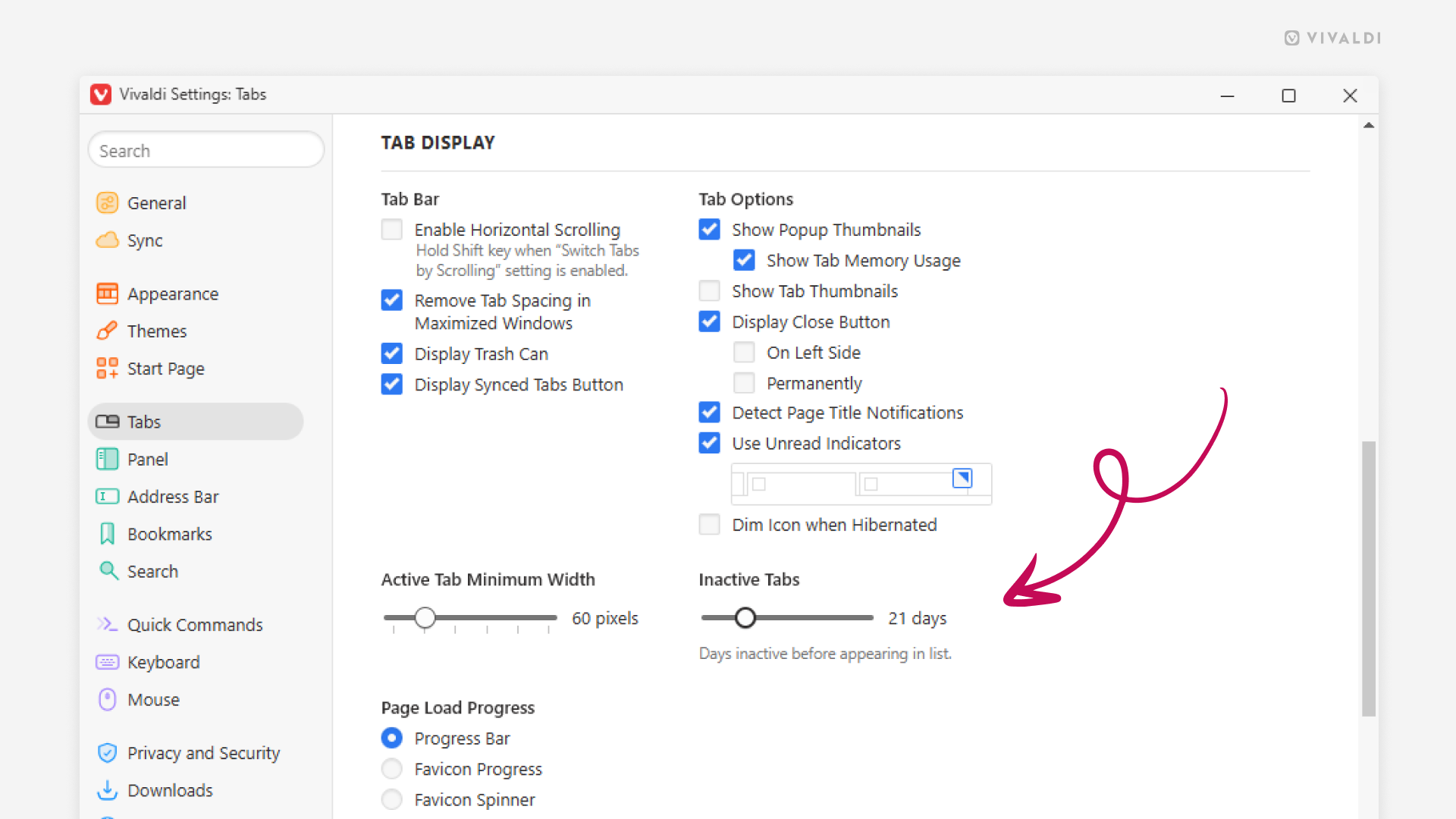 Tab settings in Vivaldi. An arrow points at the "Inactive Tabs" setting.