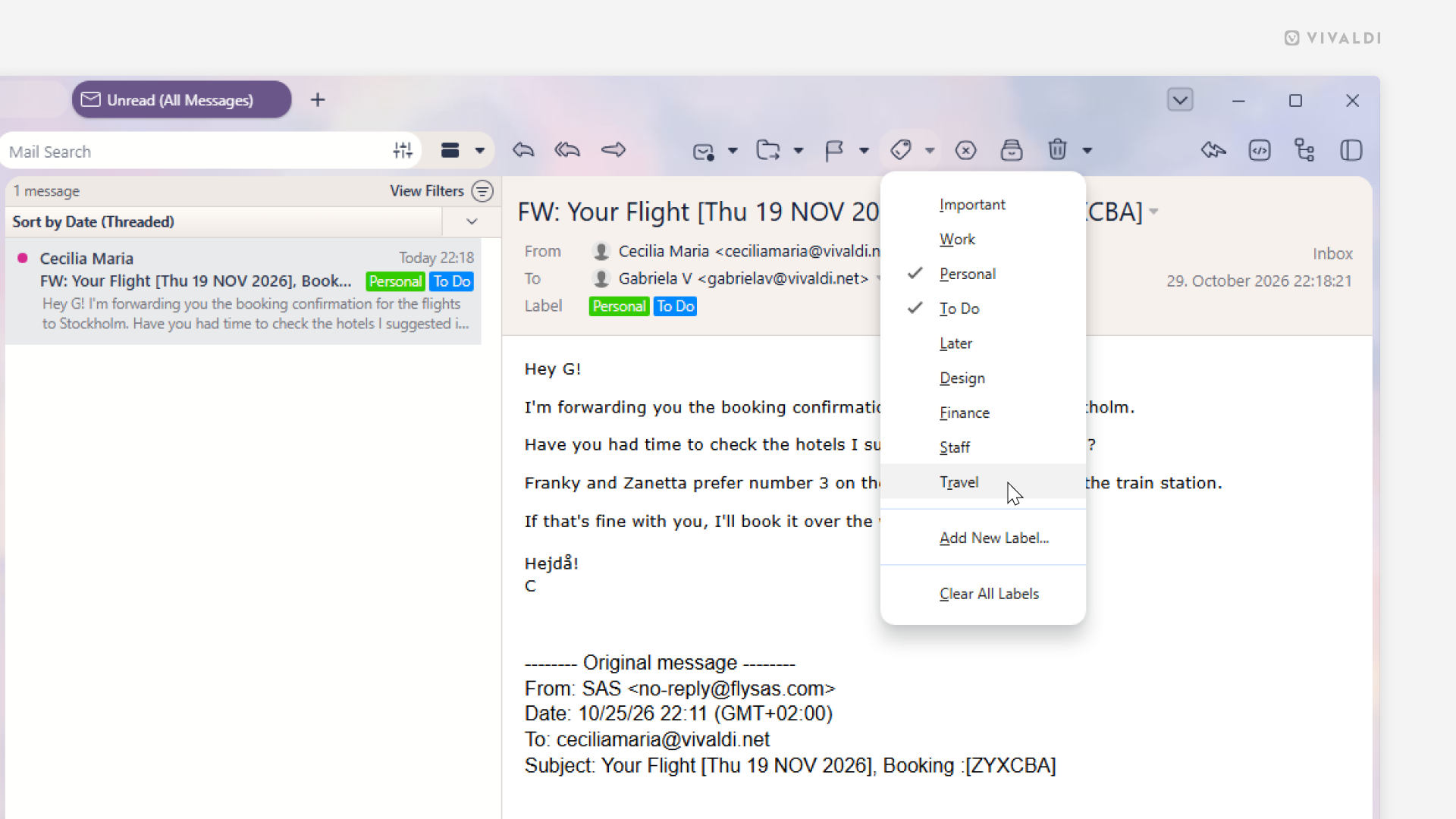 Mail view in the Vivaldi browser.
Labels menu is open over the email.