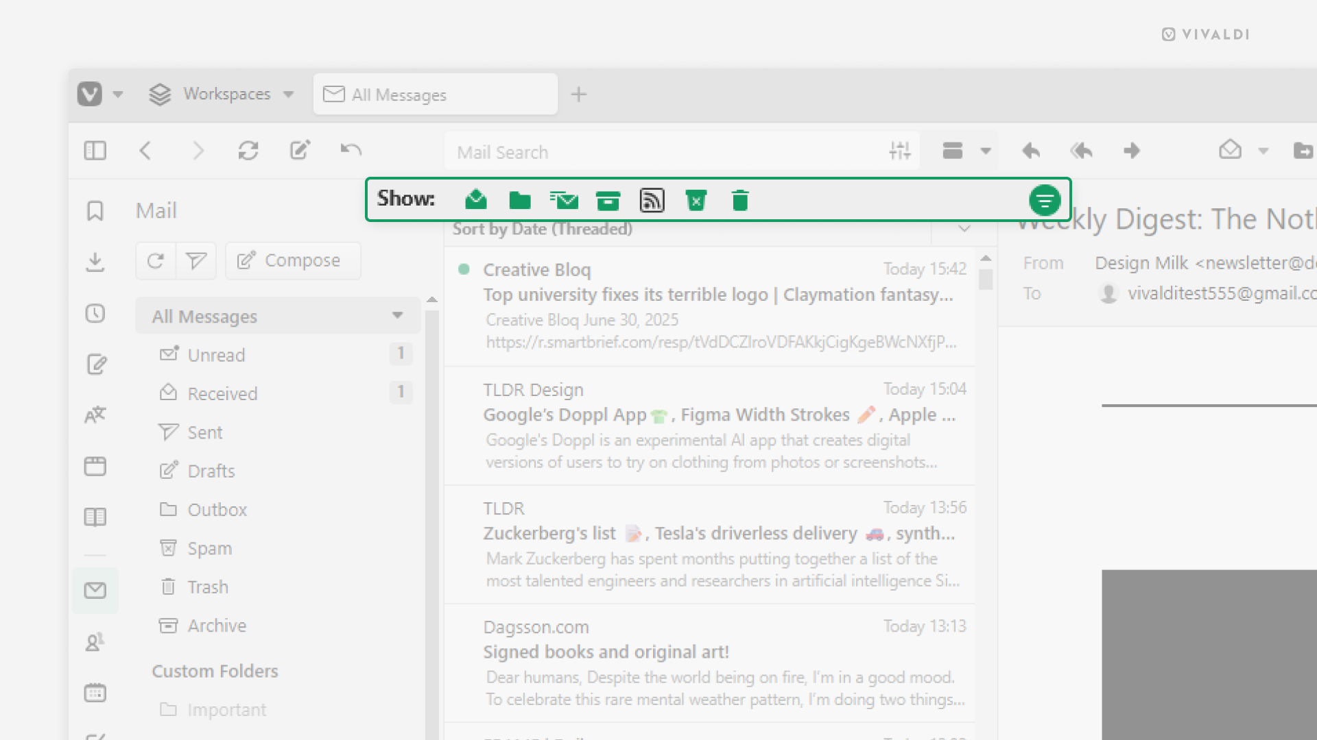 Vivaldi Mail with filter view buttons as icons.