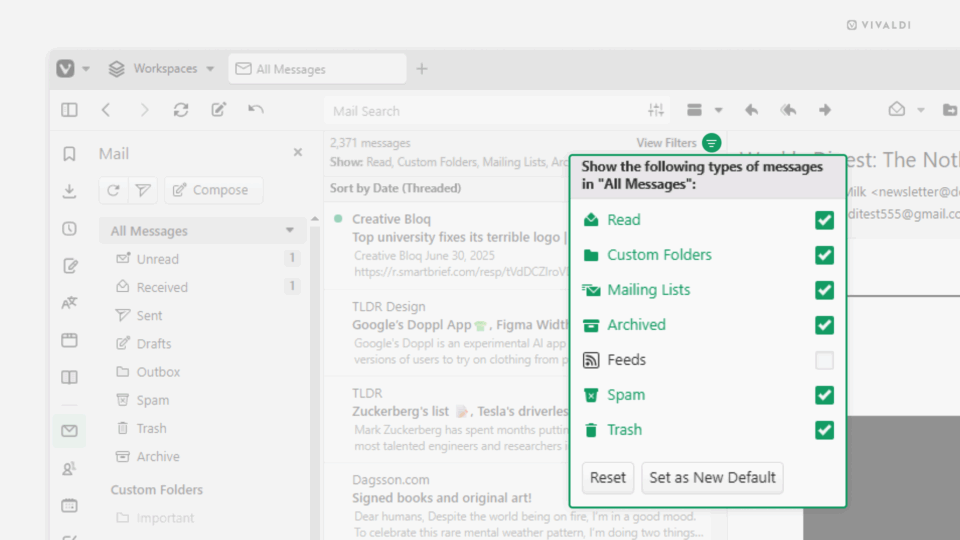 Vivaldi Mail with filter view buttons as text menu.